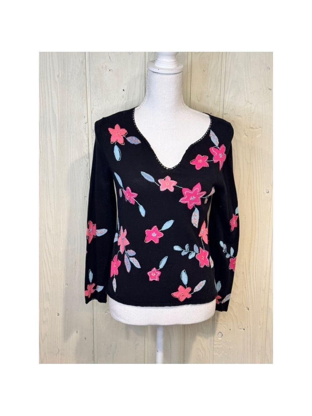 Sigrid Olsen Sweater Black Pink Embroidery Medium